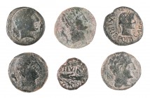 Lote de 4 unidades ibéricas de: Cese, Icalcuscen (dos) y Secaisa, y 2 imperiales: As de Tarraco y semis de Ilici. Total 6 monedas. BC+/MBC.