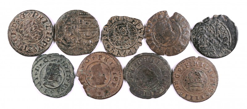 Felipe IV. Lote de 9 monedas de 16 maravedís, cinco de ellas falsas de época. BC...
