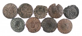Felipe IV. Lote de 9 monedas de 16 maravedís, cinco de ellas falsas de época. BC/MBC-.