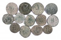 Felipe IV. Lote de 13 cobres: dos de 8 maravedís y once de 16 maravedís (nueve falsos de época). MBC-/MBC+.