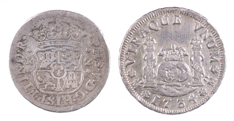 1734 y 1744. Felipe V. México. 2 reales. Columnario. Lote de 2 monedas, una con ...