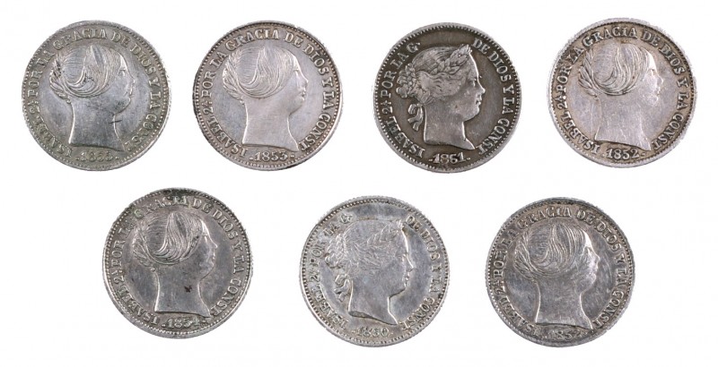 1852 a 1861. Isabel II. Barcelona. 1 real. Lote de 7 monedas, seis distintas. BC...