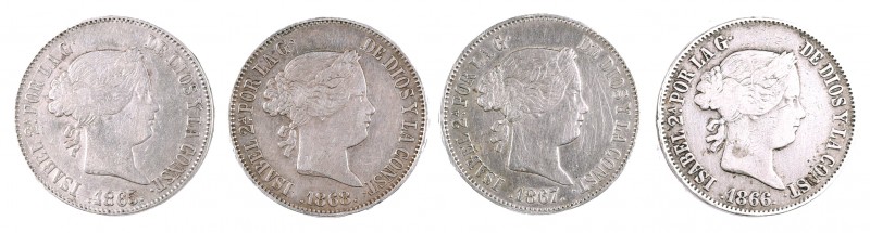 1865, 1866, 1867 y 1868. Isabel II. Madrid. 1 escudo. Lote de 4 monedas. BC+/MBC...