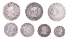 Carlos III a Alfonso XIII. Lote de 7 monedas de plata, de 1/2 real a 4 reales, desde Carlos III a Alfonso XIII. A examinar. BC+/MBC+.