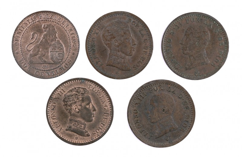 1870, 1904, 1905, 1911 y 1912. 2 céntimos. Lote de 5 monedas. MBC/EBC-.