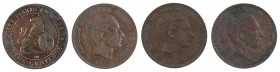 1870, 1877, 1878 y 1879. 10 céntimos. Lote de 4 monedas. MBC/MBC+.