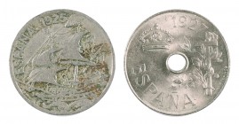 1925 y 1927. Alfonso XIII. PCS. 25 céntimos. Lote de 2 monedas. A examinar. MBC/EBC+.