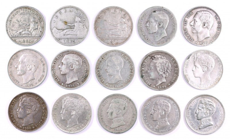 1869 a 1905. 1 peseta. Lote de 15 monedas distintas. BC-/MBC+.
