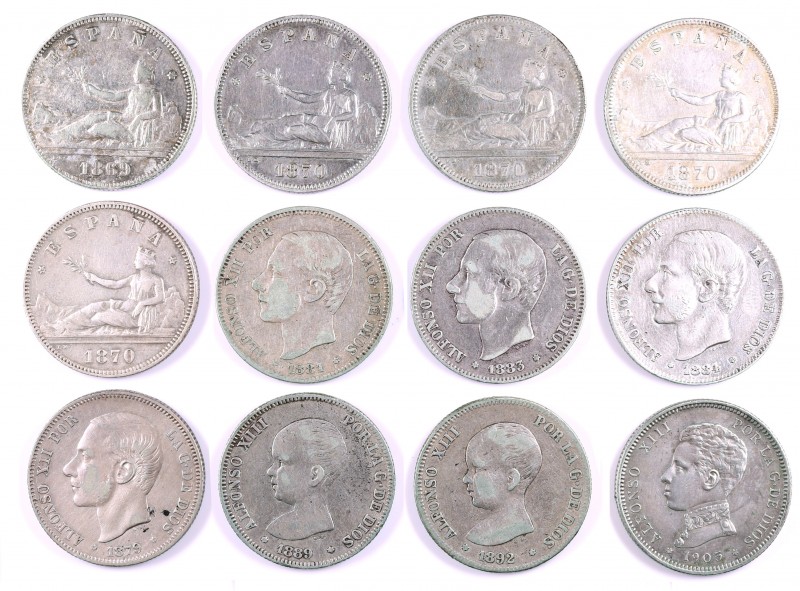 1870 a 1905. Lote de 12 monedas de 2 pesetas, todas distintas salvo dos. BC/MBC.