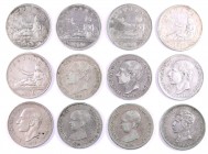 1870 a 1905. Lote de 12 monedas de 2 pesetas, todas distintas salvo dos. BC/MBC.