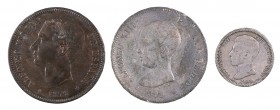1 y 5 pesetas (dos). Lote de 3 monedas, una falsa de época. A examinar. BC/MBC-.