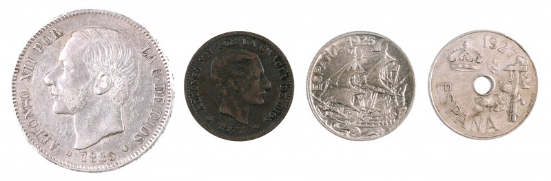 Lote de 4 monedas de 5 céntimos 1877, 25 céntimos 1925 y 1927, y 5 pesetas 1885*...