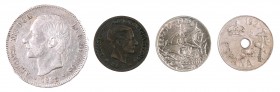 Lote de 4 monedas de 5 céntimos 1877, 25 céntimos 1925 y 1927, y 5 pesetas 1885*1887 MSM. MBC-.