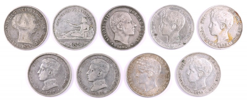 Lote de 9 monedas: 4 reales 1854 Barcelona, 1 pesetas 1869 Gobierno Provisional,...