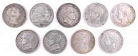 Lote de 9 monedas: 4 reales 1854 Barcelona, 1 pesetas 1869 Gobierno Provisional, 20 centavos 1885 Manila, 1 peseta 1896*1896, 1899*----, 1900*1900 (do...