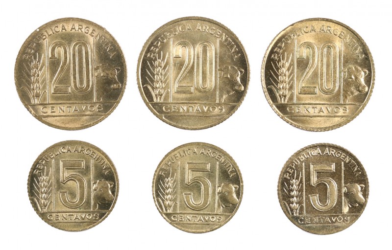 1943 y 1944. Argentina. 5 y 10 centavos. Lote de 6 monedas, tres de cada valor. ...
