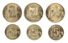 1943 y 1944. Argentina. 5 y 10 centavos. Lote de 6 monedas, tres de cada valor. S/C-/S/C.