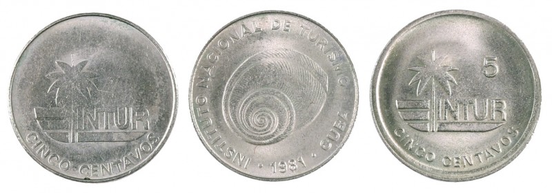 1981 y 1989. Cuba. Instituto Nacional de Turismo. 5 centavos. (Kr. 411, 412.1 y ...