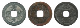 (1580-1620). Japón. 1 mon. AE. Lote de 3 monedas: Ky Ushu Toku Gen Ho (dos) y Gen Ho Tsu Ho. A examinar. MBC-.