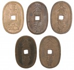 (1835-70). Japón. 100 mon. (Kr. 7). Lote de 5 piezas. MBC+.