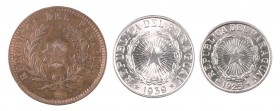 Paraguay. Lote de 3 monedas: 2 centésimos 1870, 2 pesos 1925 y 5 pesos 1939. MBC+/S/C-.
