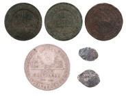 (s. XVII-1924). Rusia. 1 denga (dos), 1 (tres) y 50 kopek. Lote de 6 monedas. A examinar. BC/MBC.