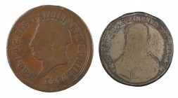 Lote de 2 monedas: 15 tari de la Orden de Malta, 1774 y 8 tornesi de Fernando IV de Nápoles. RC/BC-.