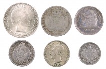 Lote de 6 monedas de plata sudamericanas (Bolivia, Ecuador, Guatemala y Uruguay), de tamaño pequeño. MBC/EBC.