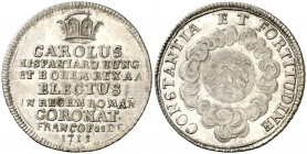 1711. Carlos III, Pretendiente. Coronación en Frankfurt. Jetón. (D. 4778) (V.Q. 14028). 4,14 g. Plata. EBC+.