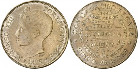 1899. Alfonso XIII. Daimiel. 5 pesetas. 16,96 g. Ficha de propaganda de sombreros de J. Pintado. MBC+.