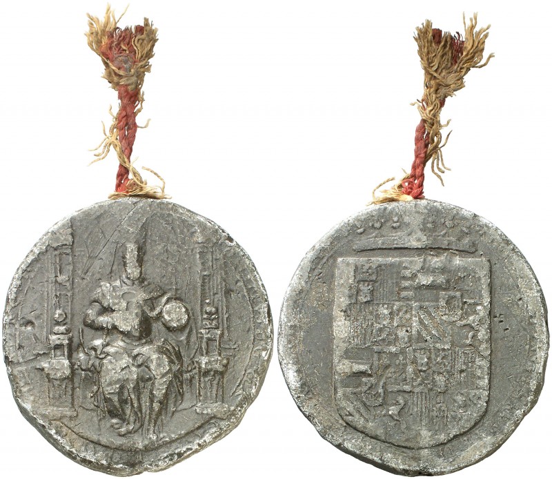 Felipe IV. Sello de plomo. 392 g. Con parte del cordón original. (MBC).