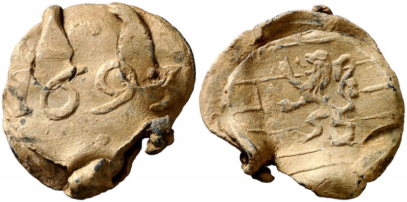 1693. Vilanova de Meià. Precinto o plomo de saca. 6,90 g. Raro. MBC.