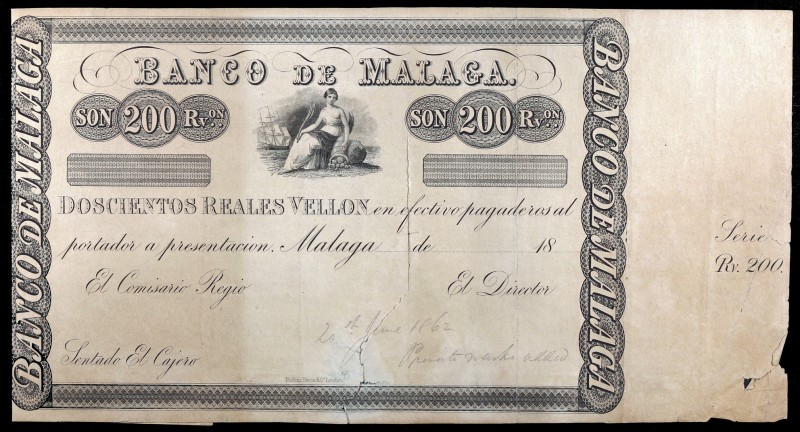 18... (1856). Banco de Málaga. 200 reales de vellón. (Ed. A99) (Ed. 103). I emis...