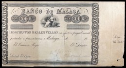18... (1856). Banco de Málaga. 200 reales de vellón. (Ed. A99) (Ed. 103). I emisión. Sin fecha, ni firmas, ni numeración. Con matrices laterales. Prue...