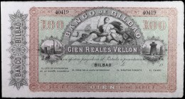 18... (1857). Banco de Bilbao. 100 reales de vellón. (Ed. 143) (Filabo 1BI). (21 de agosto). Serie F. Sin firmas, con numeración y matriz lateral izqu...