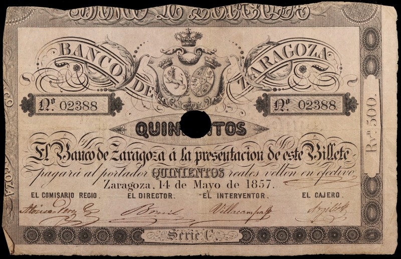 1857. Banco de Zaragoza. 500 reales de vellón. (Ed. A119A) (Ed. 128A). 14 de may...