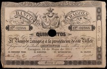 1857. Banco de Zaragoza. 500 reales de vellón. (Ed. A119A) (Ed. 128A). 14 de mayo. Serie C. Taladro y firmas. Reverso impreso. MBC-.