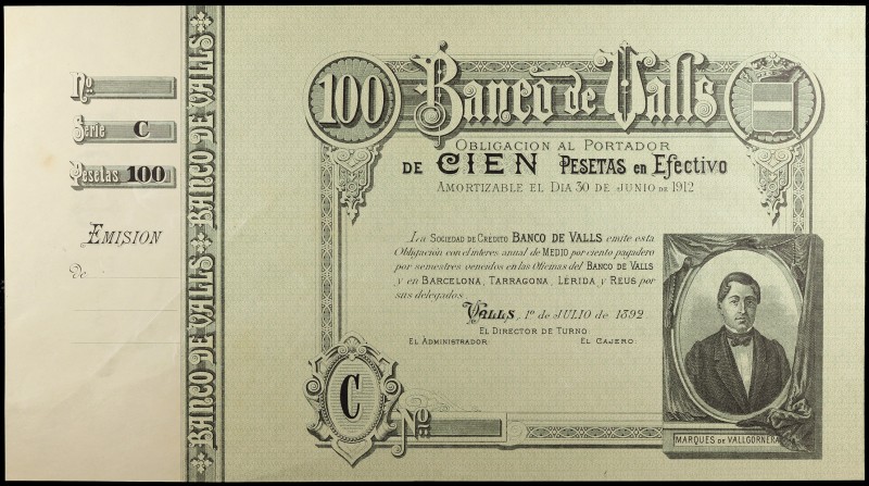 1892. Banco de Valls. 100 pesetas. (Ruiz y Alentorn 932). 1 de julio, Marqués de...
