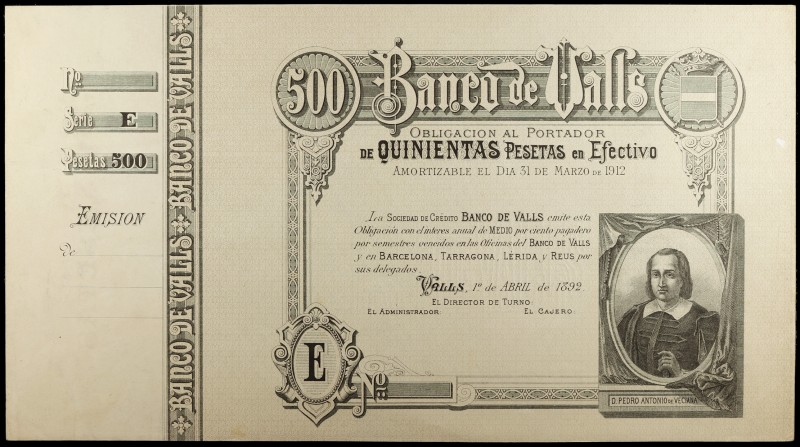 1892. Banco de Valls. 500 pesetas. (Ruiz y Alentorn 929). 1 de abril, Pedro Anto...