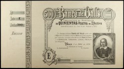 1892. Banco de Valls. 500 pesetas. (Ruiz y Alentorn 929). 1 de abril, Pedro Antonio de Veciana. Serie E. Sin firmas y con matriz lateral izquierda. Es...