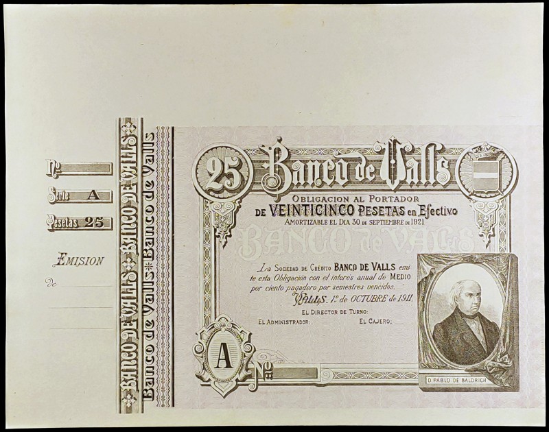 1911. Banco de Valls. 25 pesetas. 1 de octubre, Pablo de Baldrich. Serie A, en l...