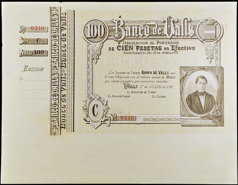 1911. Banco de Valls. 100 pesetas. 1 de julio, Marqués de Vallgornera. Serie C. ...