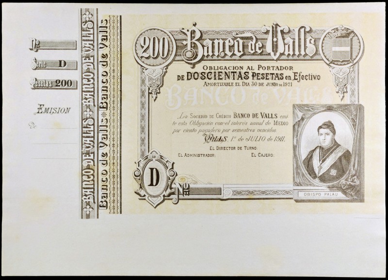 1911. Banco de Valls. 200 pesetas. 1 de julio, Obispo Palau. Serie D. Con matriz...