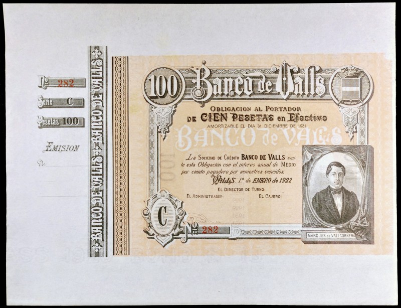 1922. Banco de Valls. 100 pesetas. 1 de enero, Marqués de Vallgornera. Serie C, ...