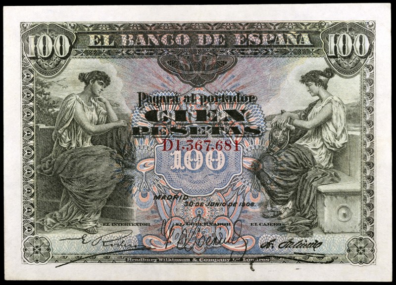 1906. 100 pesetas. (Ed. B97a) (Ed. 313a). 30 de junio. Serie D. Escaso así. EBC+...