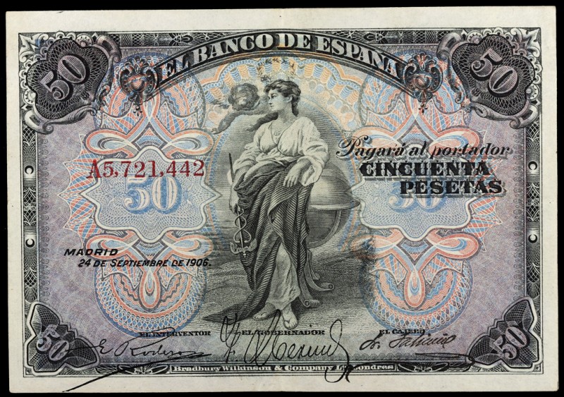 1906. 50 pesetas. (Ed. B99a) (Ed. 315a). 24 de septiembre. Serie A. Tampón FILS ...