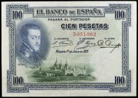 1925. 100 pesetas. (Ed. B107) (Ed. 323). 1 de julio, Felipe II. Sin serie. Doblez central. Escaso. EBC-.