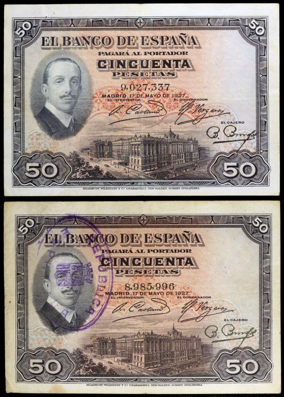 1927. 50 pesetas. (Ed. B110 y B115) (Ed. 326 y 332). 17 de mayo. 2 billetes, con...
