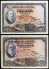 1927. 50 pesetas. (Ed. B110 y B115) (Ed. 326 y 332). 17 de mayo. 2 billetes, con y sin tampón de la REPÚBLICA ESPAÑOLA. BC+/MBC-.