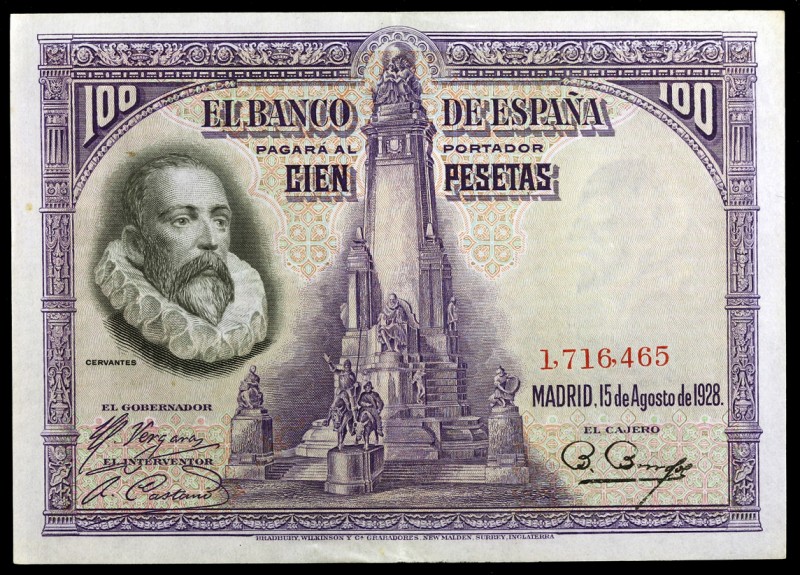 1928. 100 pesetas. (Ed. C6) (Ed. 355). 15 de agosto, Cervantes. Sin serie. Leve ...